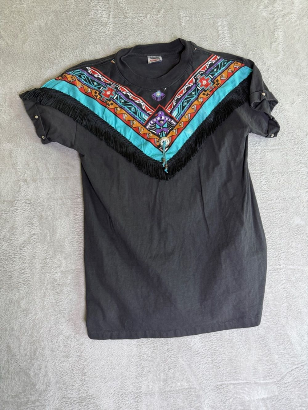 Vintage Black Boho Fringe Graphic Tee with Turquoise & Multicolor Embellishment